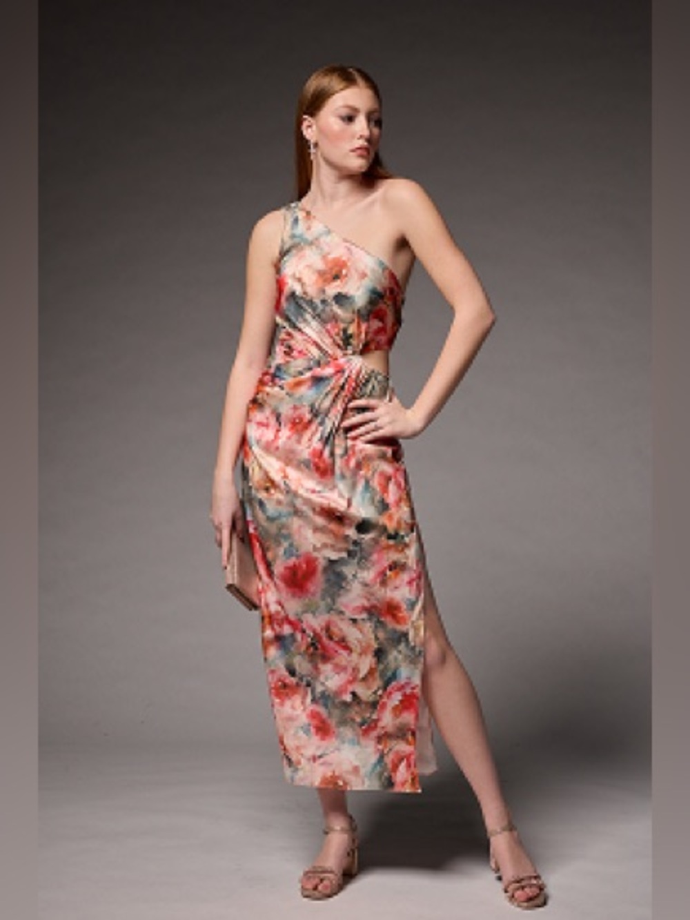 One-Shoulder Floral Maxi Dress in Blush Multi Size 8